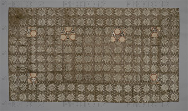 Kesa, late Edo period (1789–1868)/ Meiji period (1868–1912), 1850/1900, Japan, Silk and gold-leaf-over-lacquered-paper strip, warp-float faced 4:1 satin weave with supplementary patterning and brocading wefts, patches: silk and gold-leaf-over-lacquered-paper strip, warp-float faced 4:1 satin weave with weft-float faced 1:2 'z' interlacings of secondary binding warps and supplementary patterning wefts, lined with silk, 7:1 satin damask weave, 113.7 x 205.6 cm (44 3/4 x 80 7/8 in.)