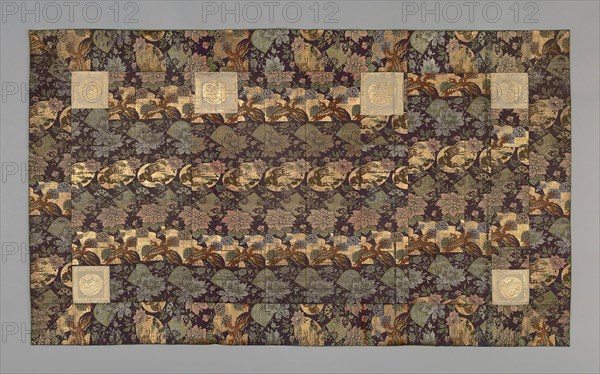 Kesa, late Edo period (1789–1868), mid–19th century, Japan, Silk and gold-leaf-over-lacquered-paper strip, warp-float faced 3:1 'Z' twill weave with weft-float faced 1:3 'Z' twill interlacings of secondary binding warps and supplementary patterning wefts, lined with silk, plain weave, 118.2 x 202 cm (46 1/2 x 79 1/2 in.)