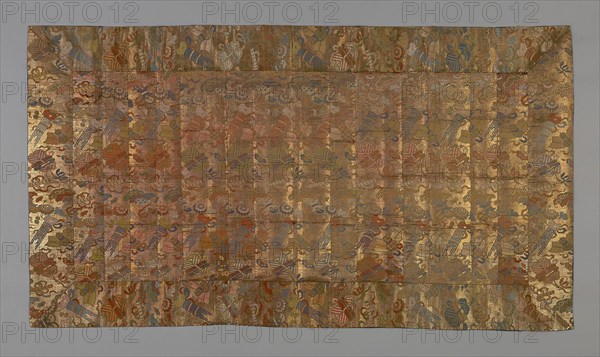 Kesa, late Edo period (1789–1868), early 19th century, Japan, Silk and gold-leaf-over-lacquered-paper strip, warp-float faced 2:1 'Z' twill weave with weft-float faced 1:2 'S' interlacings of secondary binding warp and supplementary patterning wefts, lined with silk, plain weave, 112.3 x 203.3 cm (44 1/6 x 80 in.)