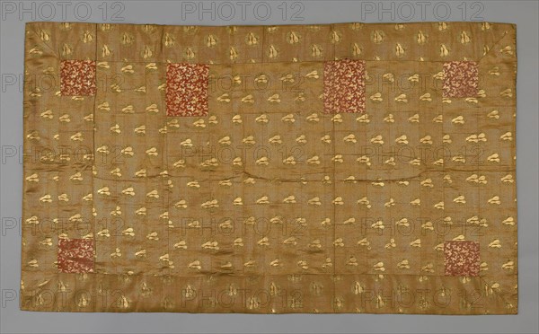 Kesa, late Edo period (1789–1868), mid–19th century, Japan, Silk and gold-leaf-over-lacquered-paper strips, warp-float faced 4:1 satin weave with supplementary patterning wefts bound in weft-float faced 1:2 'Z' twill interlacings, patches: silk and gold-leaf-over-lacquered-paper strips, warp-float faced 2:1 'Z' twill weave with weft-float faced 1:2 'Z' twill interlacings of secondary binding warps and supplementary patterning wefts, lined with silk, 4:1 satin damask weave, 117.2 x 208 cm (46 1/8 x 79 in.)