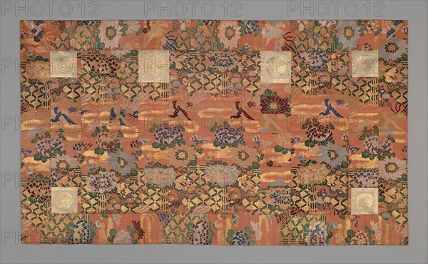 Kesa, Meiji period (1868–1912), late 19th century, Japan, Silk and gold-leaf-over-lacquered-paper strip, warp-float faced 2:1 'Z' twill weave with weft-float faced 1:2 'S' twill interlacings of secondary binding warps and supplementary patterning wefts, lining: 5:1 twill damask weave, 114.7 x 198.3 cm (45 1/8 x 78 in.)