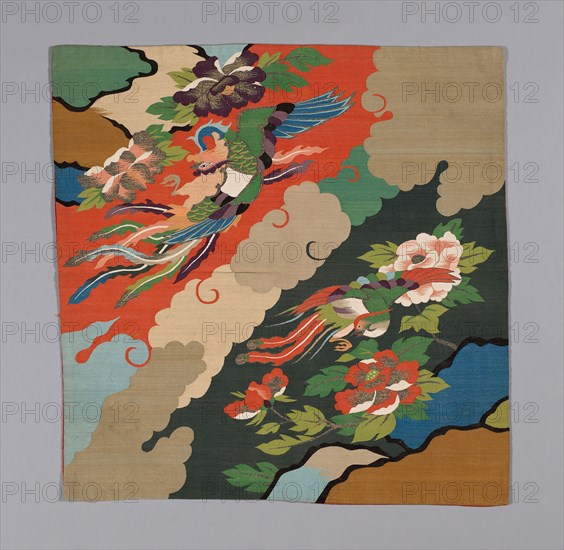 Uchishiki (Altar Cloth), late Edo period (1789–1868), 1801/25, Japan, Silk and gold-leaf-over-lacquered-paper strip, slit tapestery weave (kossu), backed with silk, plain weave, creped wefts, tassels: painted and plied, 65 x 64.7 cm (25 5/8 x 25 1/2 in.)