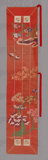 Ôhi (Stole), Meiji period (1868–1912), 1875/1900, Japan, Silk and gold-leaf-over-lacquered-paper strips, warp-float faced 2:1 'Z' twill weave with supplementary brocading wefts bound in 1:2 and 5:1 'S' twill interlacings, patches: silk and gold-leaf-over-lacquered-paper strips, warp-float faced 2:1 'Z' twill weave with 1:2 'Z' twill interlacings of secondary binding warps and supplementary patterning wefts, cords: silk wrapped cotton, lined with silk, 5:1 twill damask weave, 155.4 x 32.6 cm (61 1/8 x 12 7/8 in.)