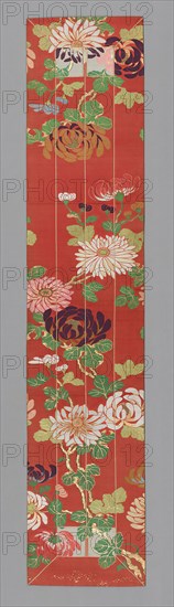 Ôhi (Stole), Meiji period (1868–1912), 1875/1900, Japan, Silk and gold-leaf-over-lacquered-paper strip, warp-float faced 1:2 'Z' twill interlacings of secondary binding warps and secondary patterning wefts, lined with silk, 5:1 satin damask, silk cords, 159.6 x 33.4 cm (62 3/4 x 13 1/8 in.)