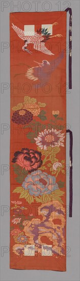 Ôhi (Stole), Meiji period (1868–1912), 1875/1900, Japan, Silk and gold-leaf-over-lacquered-paper-strip, warp-float faced 2:1 'Z' twill weave with supplementary brocading wefts bound in weft-float taced 1:2 'S' twill interlacings, lined with silk, 5:1 twill damask weave, 157.9 x 33.2 cm (60 1/8 x 13 1/4 in.), Man’s Jifu (Semiformal Court Robe), Qing dynasty (1644–1911), 1875/1900, Manchu, China, Silk and gold- and silvered-leaf-over-lacquered-paper-strip-wrapped silk, slit tapesty weave with eccentric wefts, painted details, sleeves: silk, warp-float faced 2:1 'S' twill weave, pleated, collar and cuff trim, and buttonhole loops: silk, cotton and gold-leaf-over-lacquered-paper-strip-wrapped cotton, 5:1 satin weave with warp-float faced 2:1 'Z' twill interlacings of secondary binding warps and supplementary patterning wefts, lining: silk, plain weave, sleeve lining: silk, warp-float faced 7:1 satin weave, metal buttons, 147.7 × 222.7 cm (58 1/8 × 87 5/8 in.)