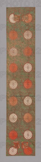 Ôhi (Stole), late Edo period (1789–1868), 1801/25, Japan, Silk and gold-leaf-over-lacquered-paper-strips, warp-float face 2:1 'Z' twill weave with weft-float faced 1:2 'Z' twill interlacing of secondary binding warps and supplementary patterning wefts, patches: silk, warp-float faced 4:1 satin weave with weft-float faced 1:2 'Z' twill interlacings of secondary binding warp and supplementary patterning wefts, lined with silk, plain weave, 156.2 x 31 cm (61 1/2 x 12 1/8 in.)
