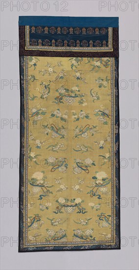 Panel, Qing dynasty (1644–1911), 1775/1800, Manchu, China, Center: silk and gold-leaf-over-lacquered-paper-strip-wrapped silk, slit tapestry weave (kossu), painted, inner tape: silk and gold-leaf-over-lacquered-paper-strip-wrapped cotton, plain weave with supplementary patterning warps, outer tape: silk, warp-float faced 7:1 satin weave self-patterned by complementary ground weft floats, edged with cotton, warp-float faced 4:1 satin weave, glazed, backed with cotton, plain weave, 167 × 73.8 cm (65 3/4 × 29 in.)