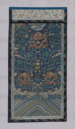 Panel (Furnishing Fabric), Qing dynasty (1644–1911), 1875/1900, Manchu, China, Center: silk and gold-leaf-over-lacquered-paper-strip-wrapped silk, slit tapestry weave (kossu), painted, 162.2 × 83.3 cm (63 7/8 × 32 3/4 in.)