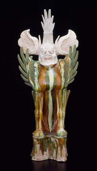 Ogre-Headed Guardian Beast (Zhenmushou), Tang dynasty (618–907 A.D.), first half of 8th century, China, Earthenware with three-color (sancai) lead glazes and traces of pigments, 90.5 × 37.5 × 26.5 cm