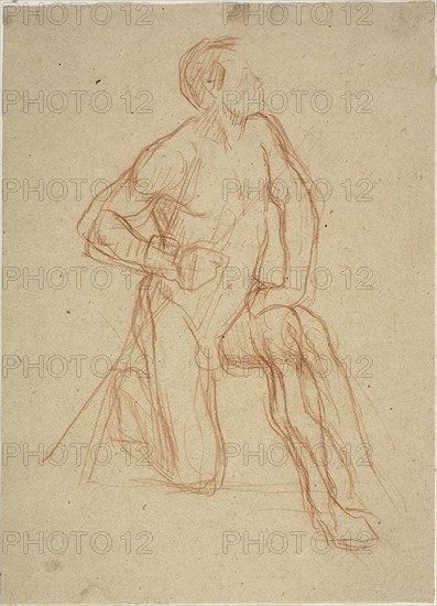 Male Figure Kneeling, c. 1874, Jules-Élie Delaunay, French, 1828-1891, France, Red chalk on buff wove paper, 287 × 210 mm