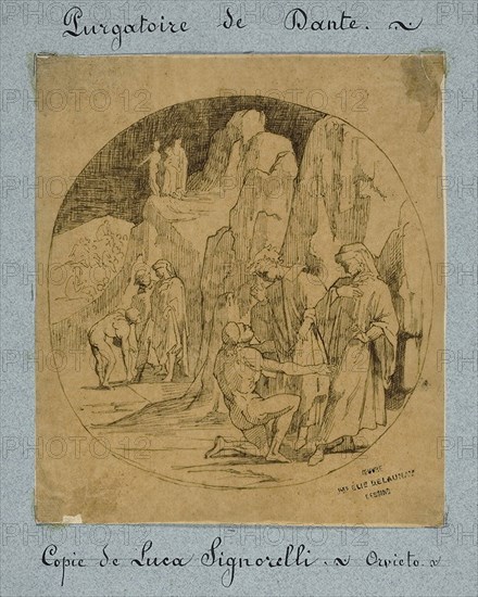 Dante’s Purgatory, c. 1857, Jules-Élie Delaunay (French, 1828-1891), after Luca Signorelli (Italian, c. 1450-1523), France, Pen and brown ink on tan wove paper, 190 × 167 mm