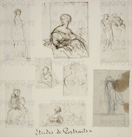 Group of Portrait and Compositional Studies, n.d., Jules-Élie Delaunay, French, 1828-1891, France, Pen and ink and graphite on paper, 105 × 50 mm (upper left), 105 × 85 mm (upper center), 112 × 52 mm (upper right), 57 × 45 mm (center left), 64 × 46 mm (center right), 83 × 51 mm (lower left), 43 × 87 mm (lower center), 104 × 66 mm (lower right)