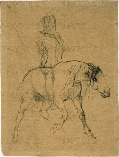 Study of a Horse and Rider, c. 1874, Jules-Élie Delaunay, French, 1828-1891, France, Charcoal, with touches of gouache, on tan China paper, 210 × 153 mm