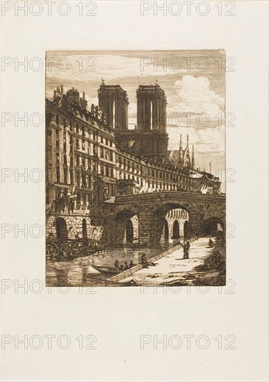 Le Petit Pont, Paris, 1850, Charles Meryon, French, 1821-1868, France, Etching and engraving in dark brown on ivory laid paper, 246 × 186 mm (image), 261 × 190 mm (plate), 391 × 275 mm (sheet)