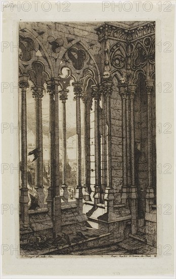The Gallery of Notre-Dame, Paris, 1853, Charles Meryon, French, 1821-1868, France, Etching printed in warm black on verdâtre (greenish) China paper, 280 × 174 mm (image), 280 × 174 mm (plate), 319 × 203 mm (sheet)
