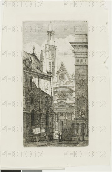 Church of St. Etienne du Mont, Paris, 1852, Charles Meryon, French, 1821-1868, France, Etching on ivory wove chine, laid down on ivory laid paper, 247 × 130 mm (image), 247 × 130 mm (plate), 247 × 130 mm (primary support), 321 × 213 mm (secondary support)