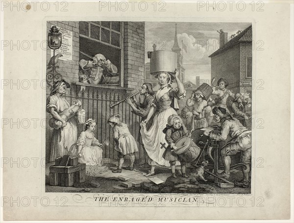 The Enraged Musician, November 1741, William Hogarth, English, 1697-1764, England, Engraving in black on ivory laid paper, 332 × 397 mm (image), 363 × 410 mm (plate), 425 × 555 mm (sheet)