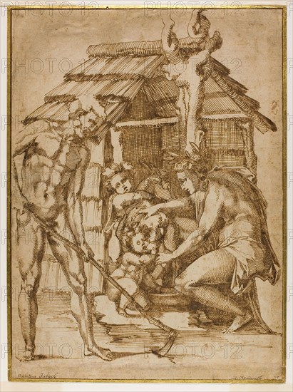 First Family Before a Shelter, 1547/48, Baccio Bandinelli, Italian, 1493-1560, Italy, Pen and brown ink on buff laid paper, laid down on cream wove card, 379 x 278 mm