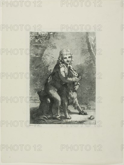 Boy with a Dog, c. 1822, Pierre-Paul Prud’hon, French, 1758-1823, France, Lithograph on ivory chine, laid down on cream wove paper, 203 × 146 mm (image), 220 × 163 mm (primary support), 354 × 267 mm (secondary support)
