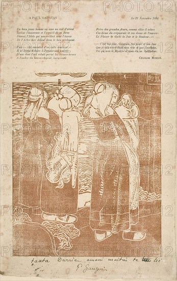 Three Breton Women with Infants, 1894, Armand Séguin (French, 1869-1904), inscribed by Paul Gauguin (French, 1848-1903), poem by Charles Morice (French, 1861-1919), France, Woodcut in brown ink with letterpress above on discolored ivory laid paper hinged to tan laid paper, 229 × 186 mm (image), 348 × 223 mm (sheet)