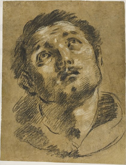Head of Saint Stephen: Study for the Martyrdom of Saint Stephen, 1627/30, Jacopo Cavedone, Italian, 1577-1660, Italy, Black chalk, heightened with touches of white chalk and white oil paint, on brown laid paper, laid down on Japanese paper, edge mounted to off-white wove paper, 384 x 299 mm