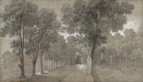 View of the Park at Arcueil, 1744, Jean-Baptiste Oudry, French, 1686-1755, France, Black chalk with white chalk and charcoal, on gray laid paper with blue fibers, laid down on cream card, 303 × 522 mm