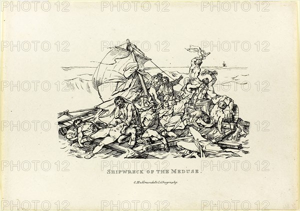 Shipwreck of the Medusa, 1820, Jean Louis André Théodore Géricault (French, 1791-1824) and Nicolas Toussaint Charlet (French, 1792-1845), printed by Charles Joseph Hullmandel (German and English, 1789-1850), France, Pen lithograph in black on ivory wove paper, 100 × 159 mm (image), 174 × 244 mm (sheet)