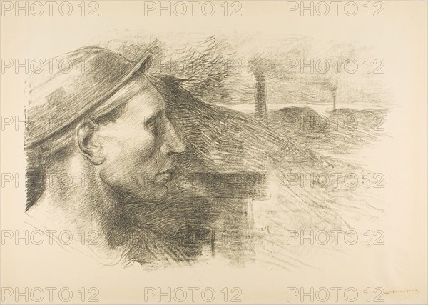 Miner, from the ninth album of L’Estampe originale, 1895, Constantin Emile Meunier (Belgian, 1831-1905), published by L’Estampe originale (French, 1893-1895), Belgium, Transfer lithograph, with scraping, in black on tan laid paper, 345 × 520 mm (image), 404 × 618 mm (sheet)