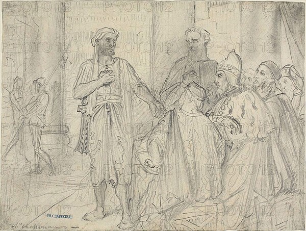Othello’s Speech to the Senators of Venice, c. 1844, Théodore Chassériau, French, 1819-1856, France, Graphite on ivory wove paper, permeter mounted on cream laid paper, 220 × 290 mm