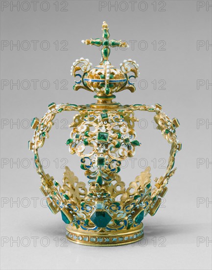 Crown, 1600/50, Spanish or Spanish Colonial, Spain, Gold, enamel, emeralds, diamonds, pearls, and aquamarines, 13 × 9.5 cm (5 1/8 × 3 3/4 in.)
