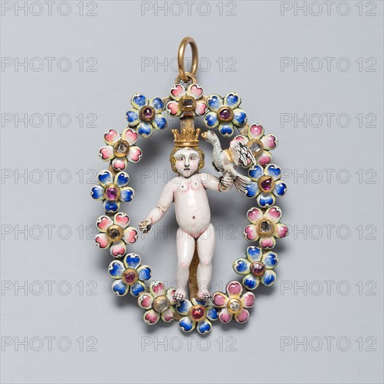 Pendant with the Christ Child, c. 1650, Spanish, Spain, Gold, enamel, rubies, and diamonds, 5.2 × 3.8 cm (2 1/16 × 1 1/2 in.)