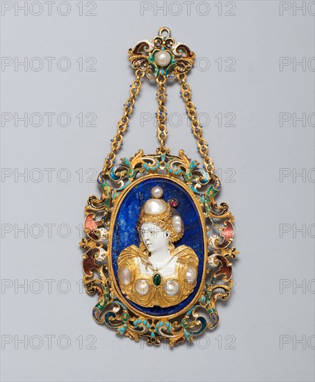 Pendant with the Bust of a Woman, 1550/1600 with 19th–century additions, Northern European, France, Gold, enamel, lapis lazuli, and pearls, 10.5 × 5.1 cm (4 1/8 × 2 1/16 in.)