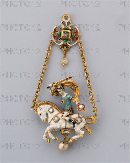 Pendant Shaped as a Horseman, c. 1860/70, second half of the 19th century, Austrian, Austria, Gold, enamel, diamonds, and pearls, 8.8 × 4.2 cm (3 1/2 × 2 1/16 in.)