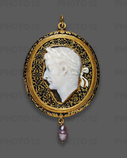 Fragment of a Cameo Portraying Emperor Tiberius, Cameo: Roman, AD 14/37, Frame: Probably French, early 16th century, Roman, France, Cameo: sardonyx, Frame: gold, enamel, and pearl, 8 × 4.8 × 1 cm (3 3/16 × 1 7/8 × 3/8 in.)