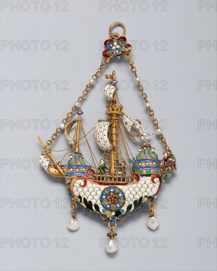 Pendant Shaped as a Ship, c. 1870/90, Designed by Reinhold Vasters (German, active 1853-90), probably made by him or possibly by Alfred André (French, 1839-1919), Germany, Gold, enamel, and pearls, 10.5 x 6.5 cm (4 1/8 x 2 9/16 in.)