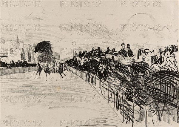The Races, 1865/72, Édouard Manet, French, 1832-1883, France, Lithograph in black on gray ivory chine, laid down on ivory wove paper (chine collé), 355 × 513 mm (image), 366 × 511 mm (primary support), 472 × 639 mm (secondary support)