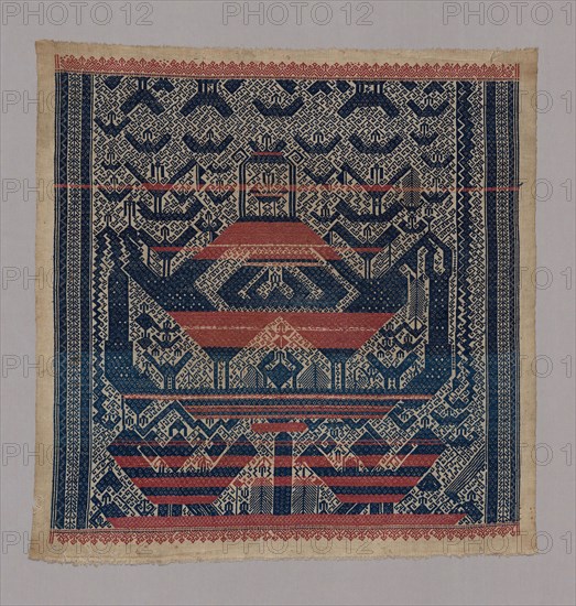 Tampan (Ceremonial Cloth), 19th century, Paminggir, Indonesia, South Sumatra, Lampung, Indonesia, Cotton and gilt-paper-strip-wrapped linen, plain weave with supplementary patterning wefts, 92 x 90.8 cm (36 1/4 x 35 3/4 in.)