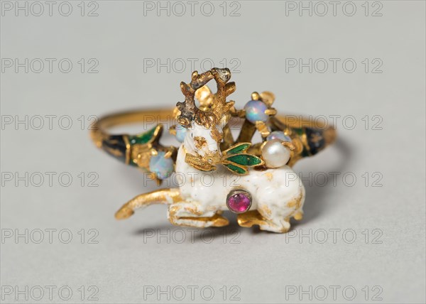 Stag with Herb Branch Mounted as a Ring, 1550/1600, German or French, Germany, Gold, enamel, ruby, opals, and pearls, Diameter: 2.2 cm (13/16 in.)