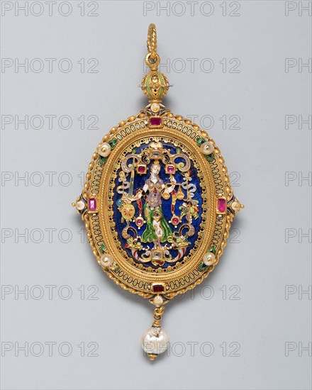 Pendant with Figure of Justice, 1850/1900, Northern European, Europe, northern, Gold, enamel, lapis lazuli, rubies, pearls, and diamonds, 9.4 × 5.1 cm (3 11/16 × 2 in.)