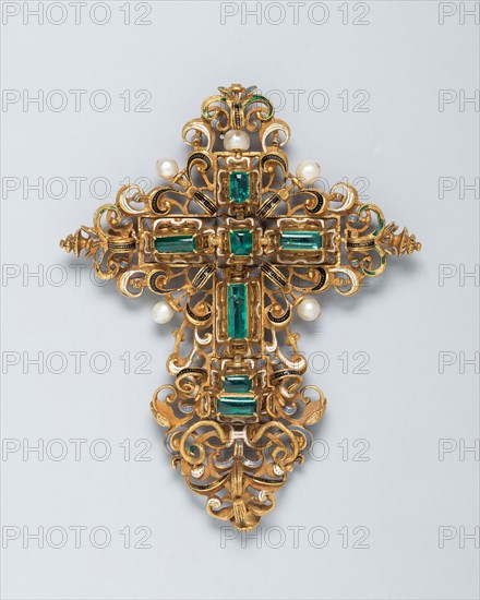 Pendant of a Cross, 1575-1625, Spanish, Spain, Gold, enamel, emeralds, and pearls, 9.5 × 7.6 cm (3 3/4 × 3 in.)
