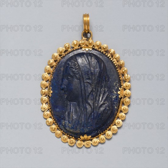 Pendant with Cameo of a Roman Woman, probably early 19th century, European, Europe, Gold filigree and lapis lazuli, 4.4 × 3.4 cm (1 3/4 × 1 3/8 in.)