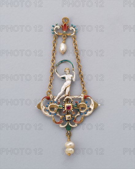 Pendant with Figure of Fortune, late 19th century, Northern European, possibly Austrian (Vienna), Vienna, Gold, enamel, diamond, ruby, and pearl, 11.7 x 4.4 cm (3 11/16 x 2 in.)