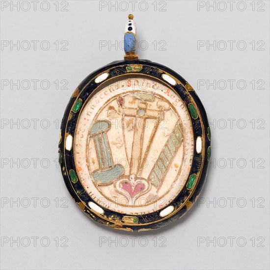 Double-Sided Pendant with Instruments of the Passion and Emblem of a Confraternity, 18th century, European, Europe, Gold, enamel, silk, and paperwork within gilding, 4.8 × 3.4 cm (1 7/8 × 1 5/16 in.)