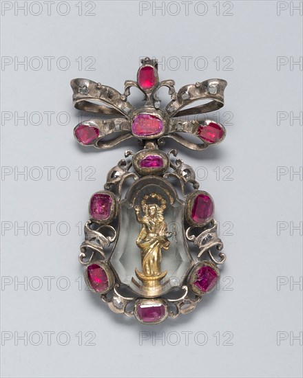 Pendant with the Virgin, or Faith, Triumphant, 1650/1700, Spanish, Spain, Silver, silver gilt, rubies, diamonds, and glass, 5.2 × 3 cm (2 1/16 × 1 3/16 in.)