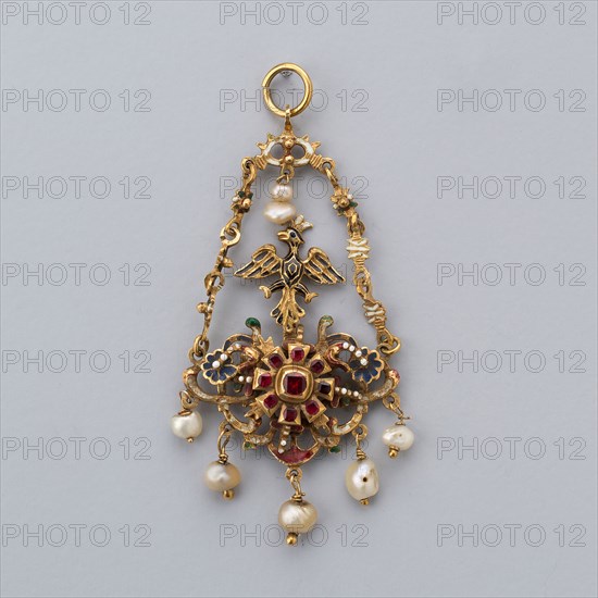 Pendant, 17th century (with 19th–century additions), European, Europe, Enameled gold, ruby, and pearl, 7.8 × 4 cm (3 1/16 × 1 9/16 in.)