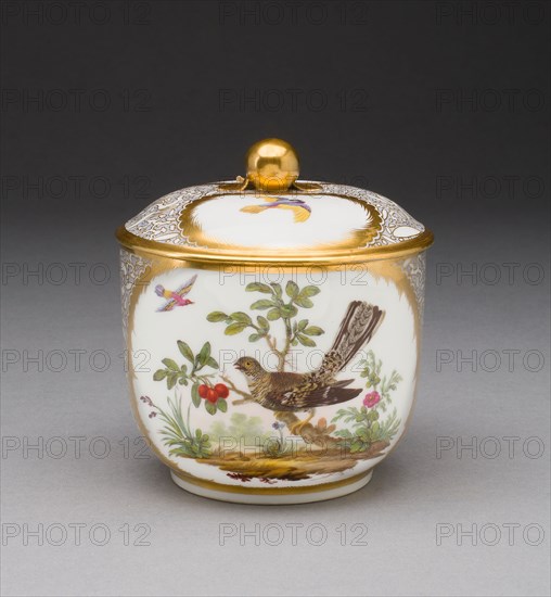Sugar Bowl, 1781, Sèvres Porcelain Manufactory, French, founded 1740, Painted by Philippe Castel (attributed to), French, 1772-1796, Sèvres, Hard-paste porcelain, polychrome enamels, gilding, 11 x 10.5 cm (4 5/16 x 4 1/8 in.)