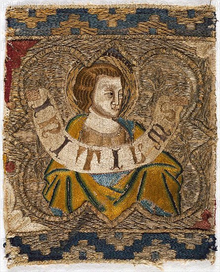 Fragment from an Orphrey, 1360s, Italy, Florence, Florence, Linen, plain weave, underlaid with linen, plain weave, embroidered with silk, gilt- and silvered-metal-strip-wrapped silk in split and surface satin stitches, laid work, couching, and padded couching, 17.6 × 14.2 cm (6 7/8 × 5 1/2 in.)