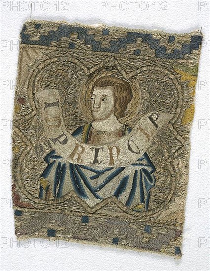 Fragment from an Orphrey, 1360s, Italy, Florence, Florence, Linen, plain weave, underlaid with linen, plain weave, embroidered with silk, gilt- and silvered-metal-strip-wrapped silk in split and surface satin stitches, laid work, couching, and padded couching, 15.5 × 15.8 cm (6 1/8 × 6 1/4 in.)