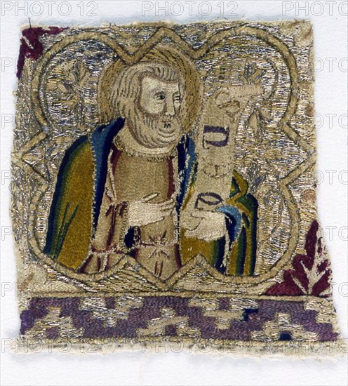Fragment from an Orphrey, 1360s, Italy, Florence, Florence, Linen, plain weave, underlaid with linen, plain weave, embroidered with silk, gilt- and silvered-metal-strip-wrapped silk in split and surface satin stitches, laid work, couching, and padded couching, 17.3 × 14.1 cm (6 7/8 × 5 1/2 in.)