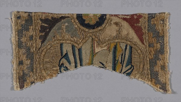 Fragment from an Orphrey, 1360s, Italy, Florence, Florence, Linen, plain weave, underlaid with linen, plain weave, embroidered with silk, gilt- and silvered-metal-strip-wrapped silk in split and surface satin stitches, laid work, couching, and padded couching, 9.6 × 17.8 cm (3 3/4 × 7 in.)